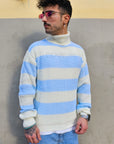 Maglione Dolcevita Rigato Celeste