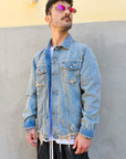 Giacca di Jeans Sfrangiata Sabbiata