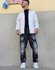 Giacca Di Jeans Bianca Cucitura Contrasto