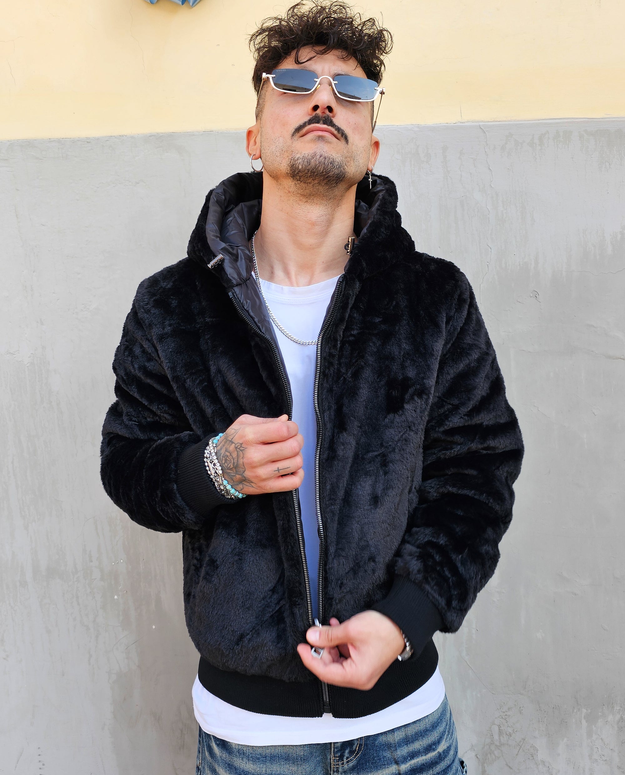 Giubbino Bomber Pelliccia Reversibile Nero