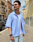 Camicia Celeste Semi Over Rigata