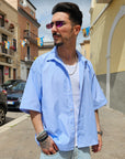 Camicia Celeste Semi Over Rigata
