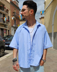 Camicia Celeste Semi Over Rigata