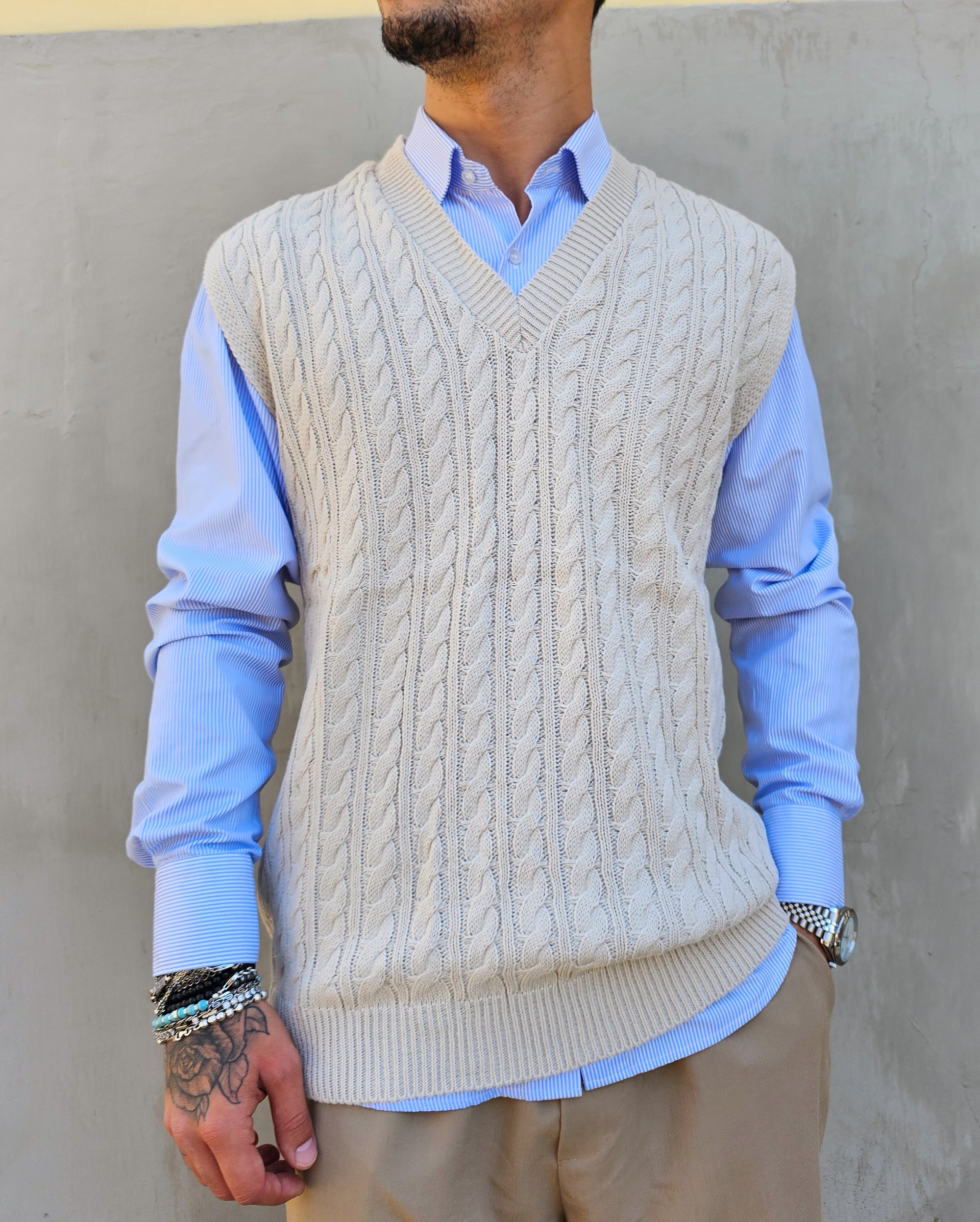 Gilet Smanicato Treccia In Lana