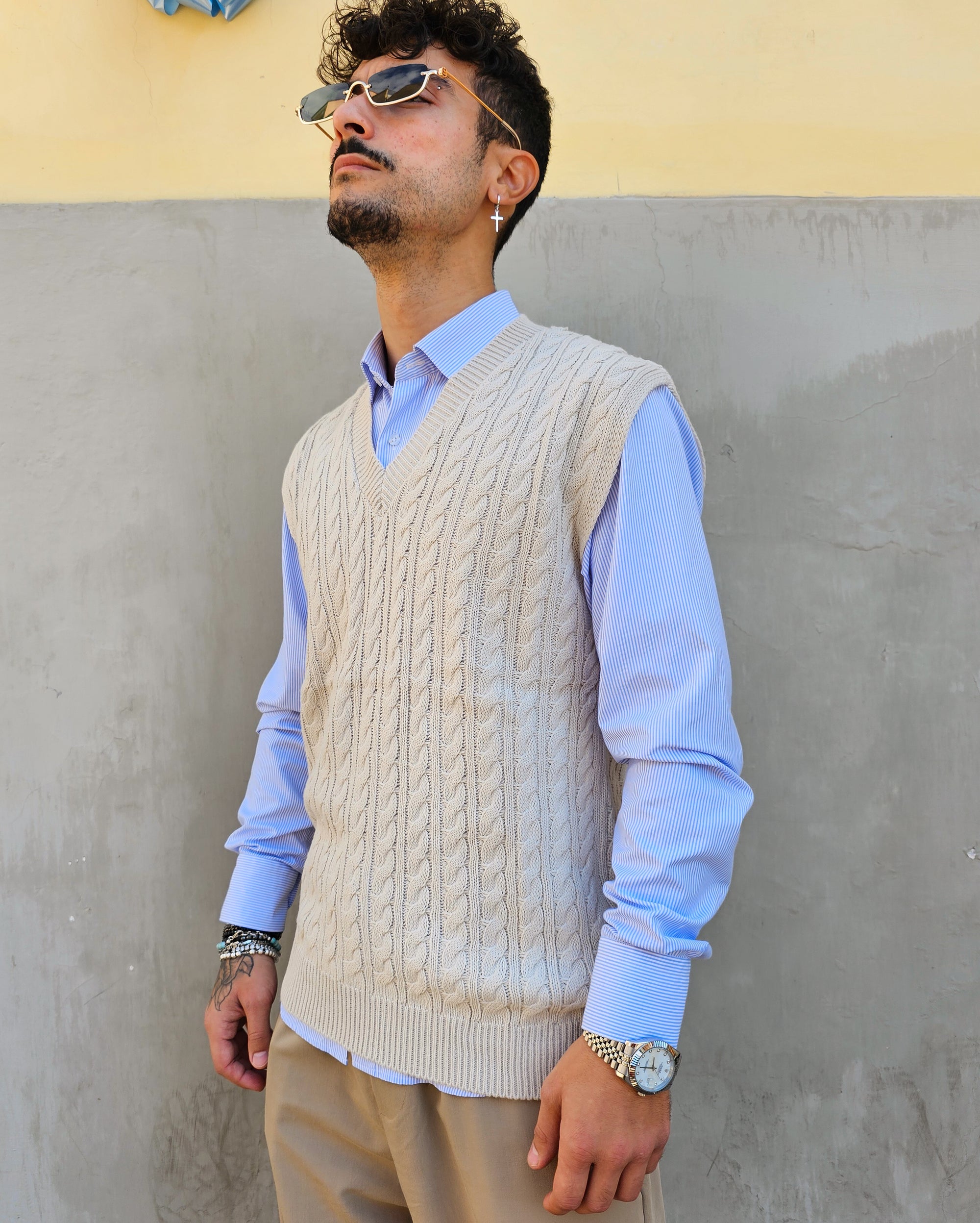 Gilet Smanicato Treccia In Lana