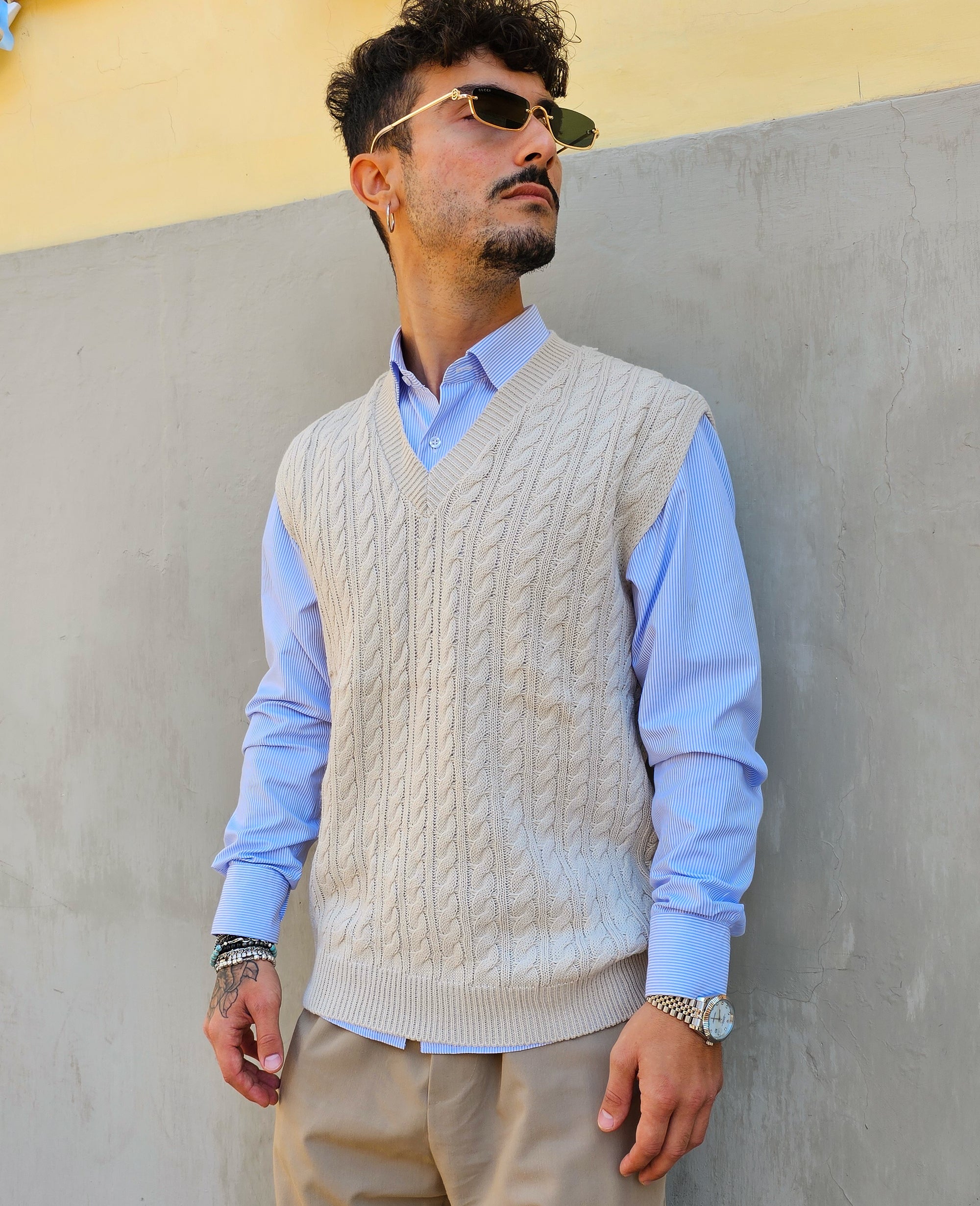 Gilet Smanicato Treccia In Lana