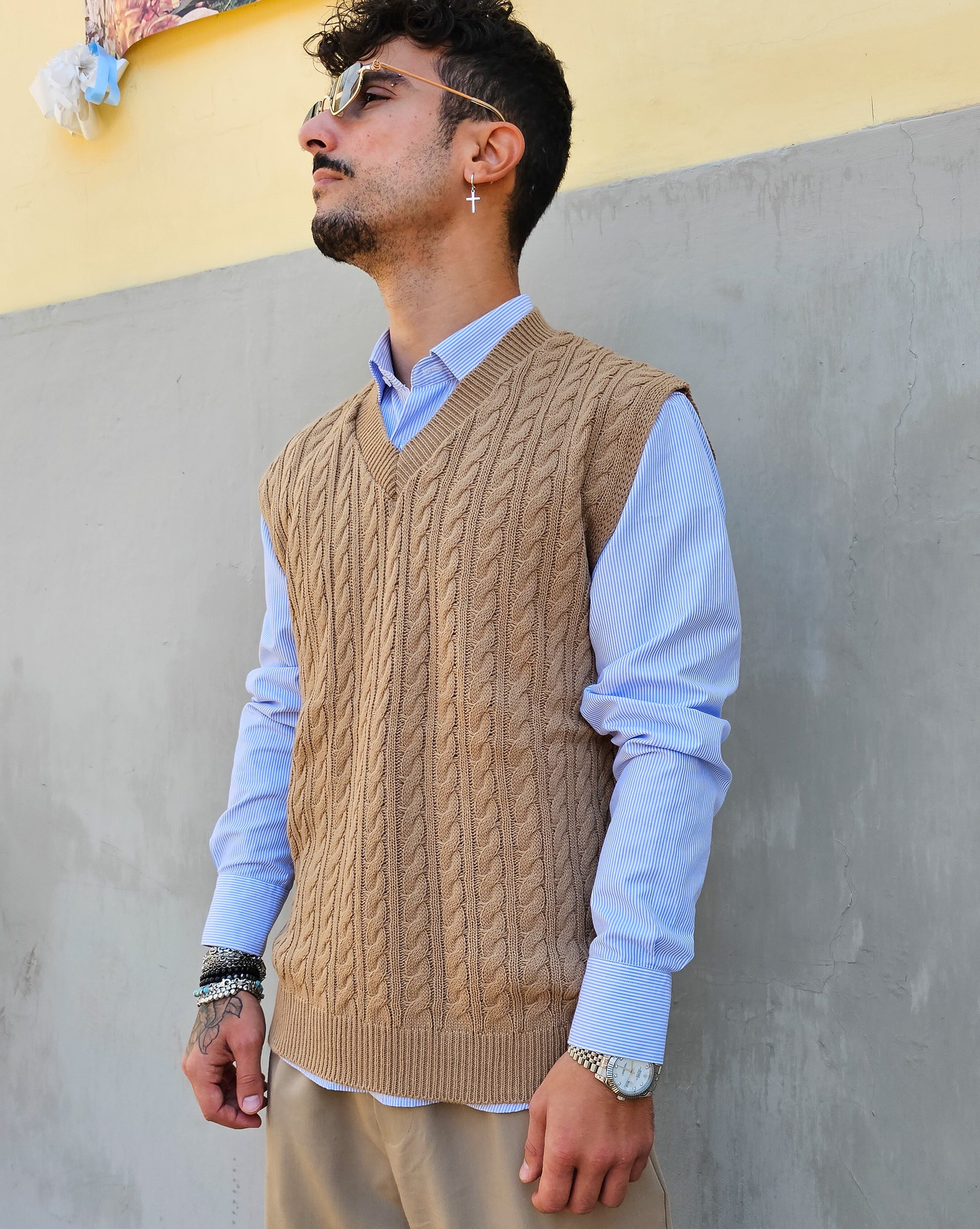 Gilet Smanicato Treccia In Lana