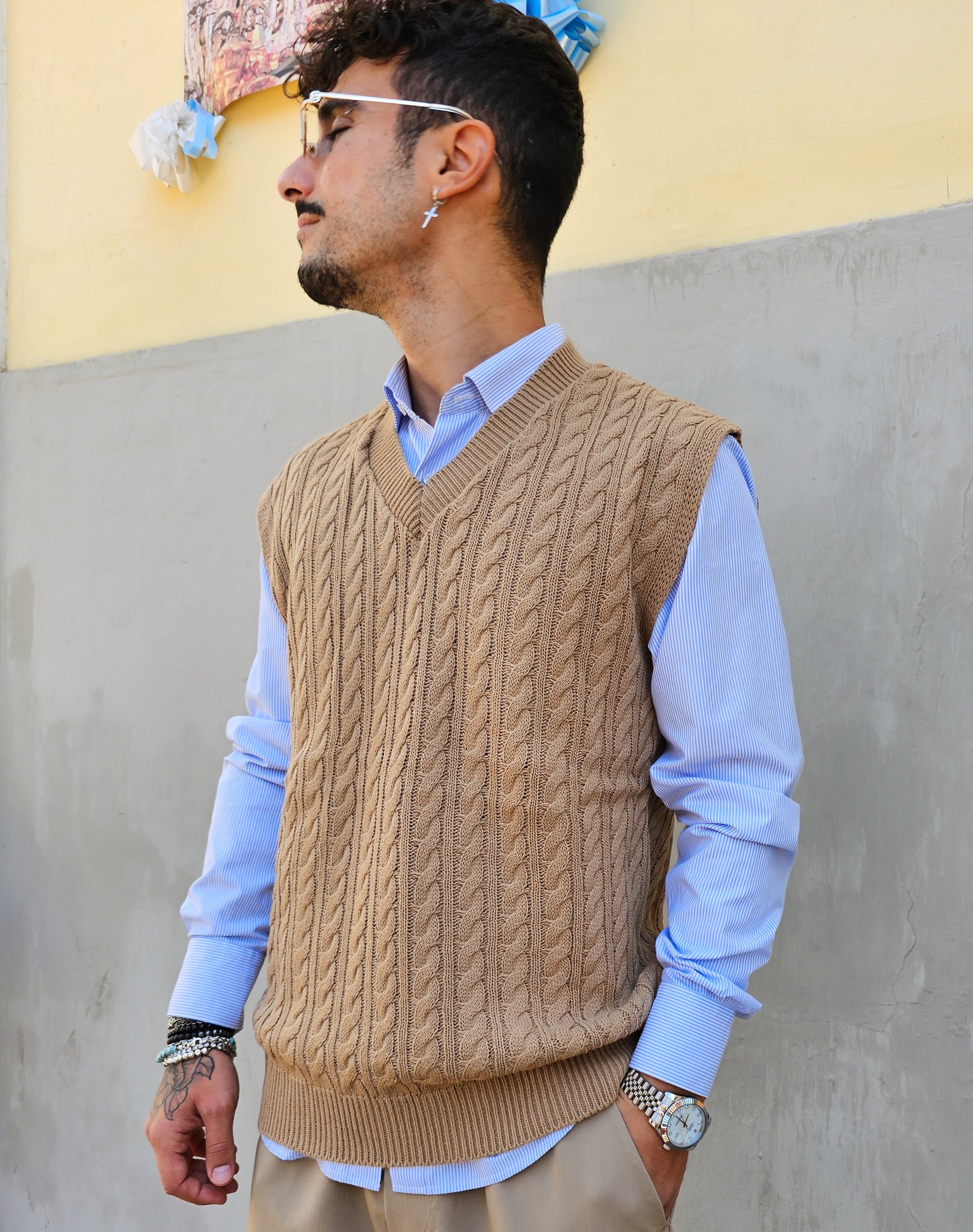 Gilet Smanicato Treccia In Lana