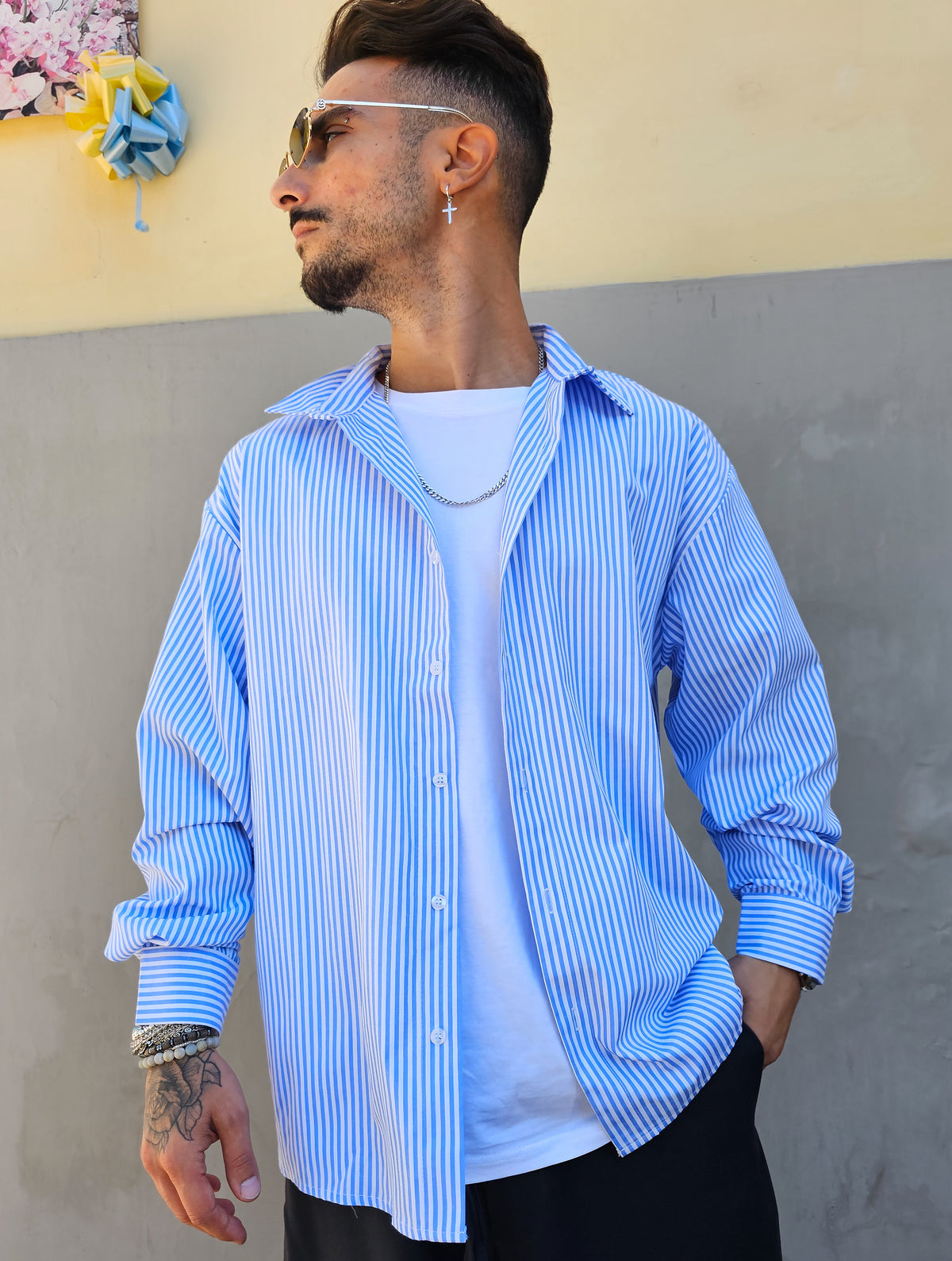 Camicia Rigata Celeste Semi Over