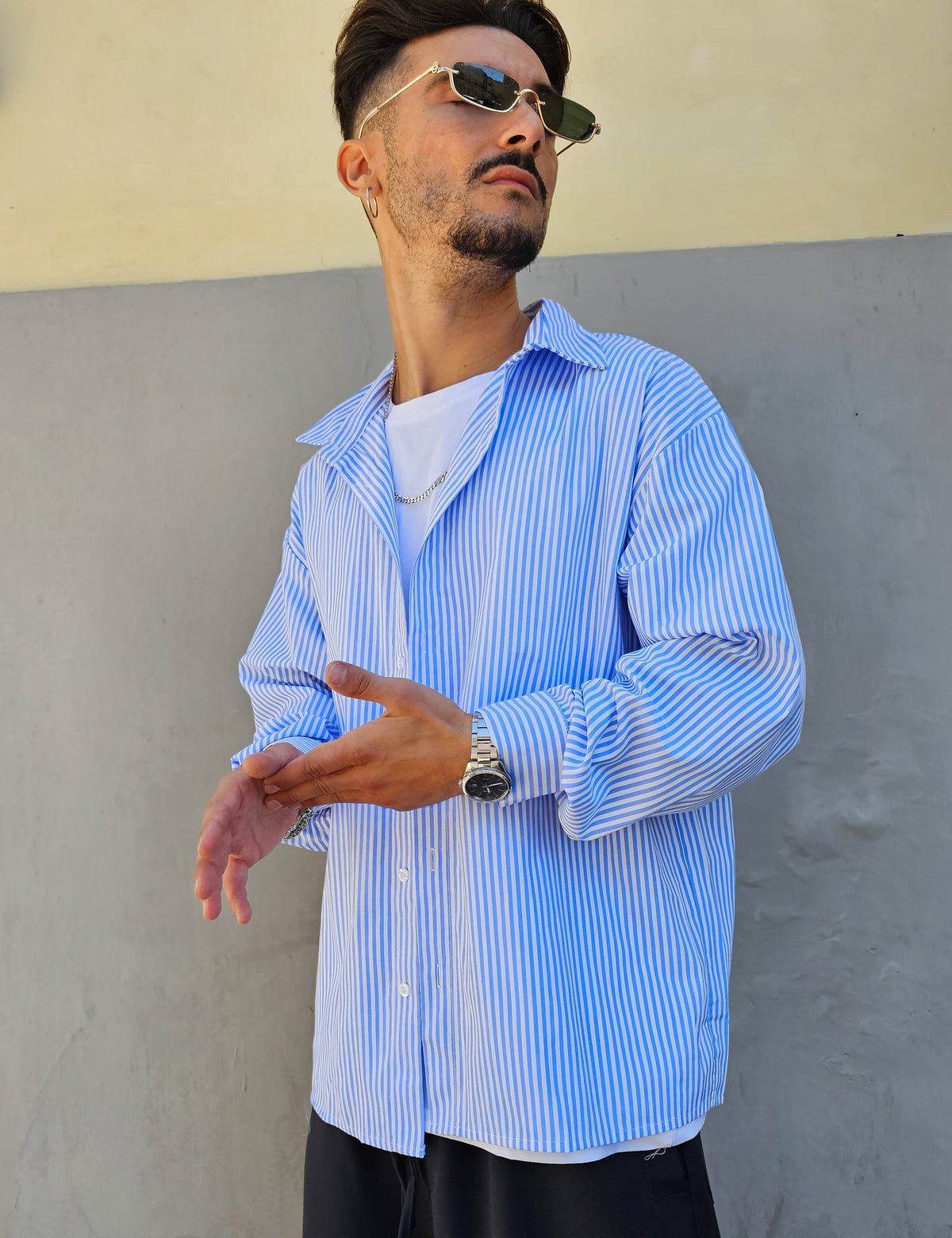 Camicia Rigata Celeste Semi Over