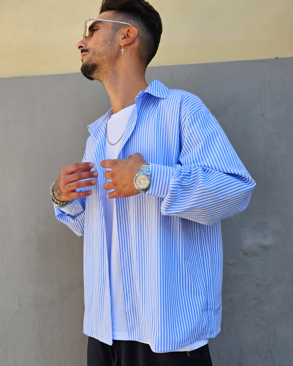 Camicia Rigata Celeste Semi Over