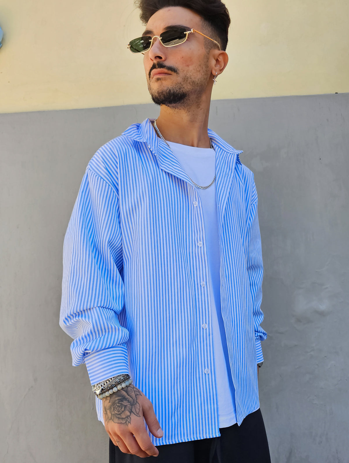 Camicia Rigata Celeste Semi Over